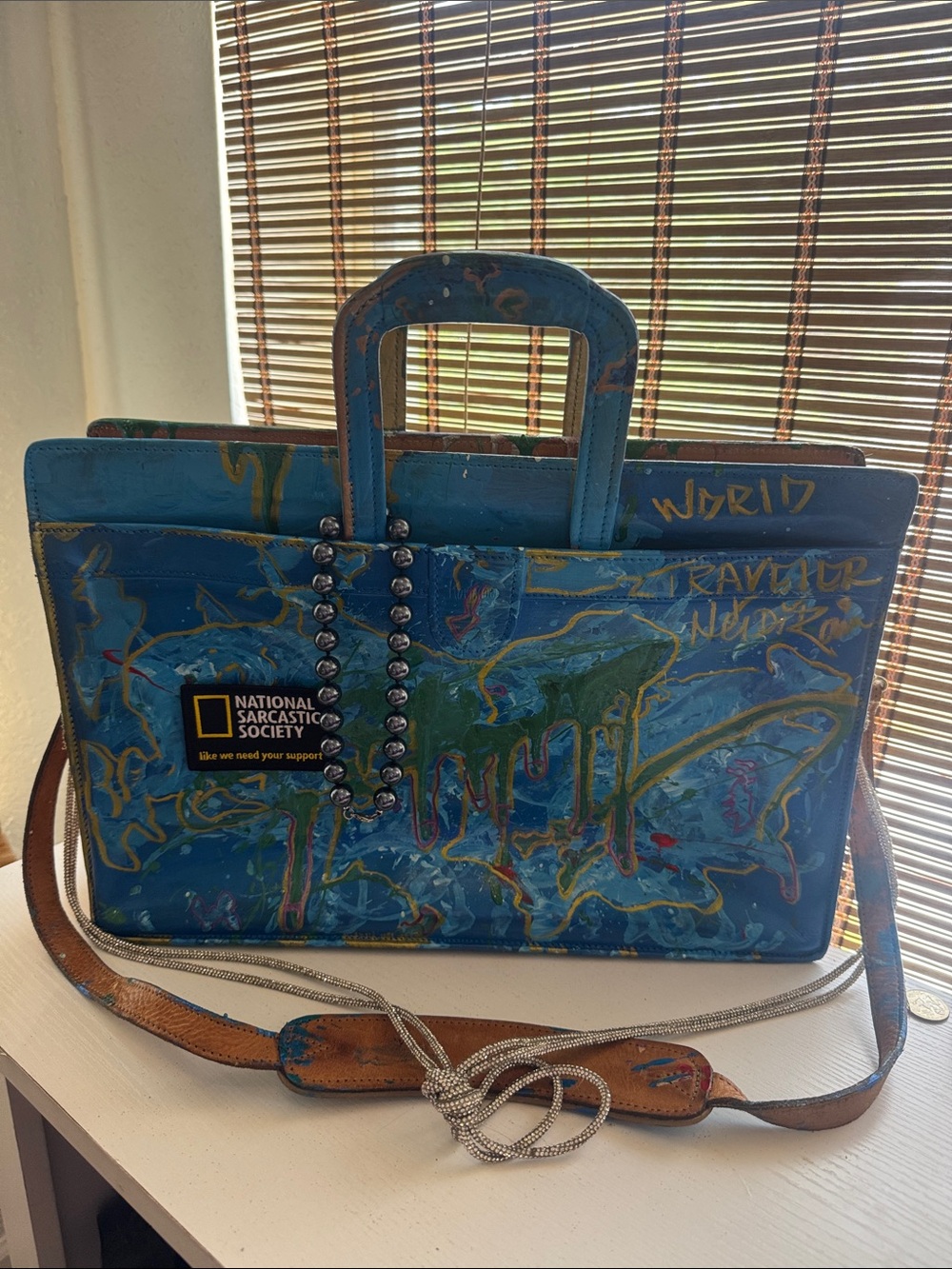 Hand Painted Hartman Leather briefcase bag. world, traveler edition